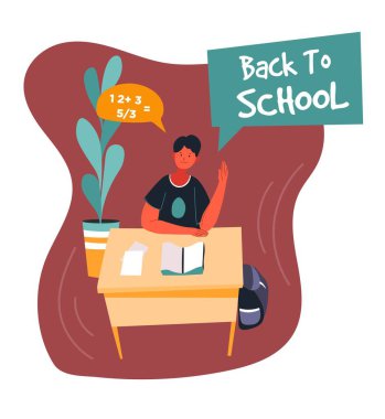 Ödev yapan ya da matematik dersine cevap veren öğrenciler. Okula, eğitime ve eğitime dönüş, öğrencilerin becerilerini geliştirip geliştirmeleri ve kaliteli bilgi edinmeleri için kurslar. Düz stilde vektör