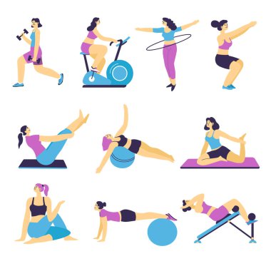 Egzersiz, spor, beden eğitimi alan, şınav çeken, çömelmiş kadınlar. Bel için top ve orbitrek, bisiklet ve çember kullanılıyor. Aktif yaşam tarzı ve güçlendirme. Düz biçimli vektör