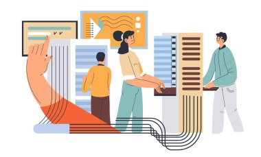 Ekip halinde çalışan çalışanlar, veri yazan kadın ve erkekler. Dijital uzayda bilgi düzenleme ve organizasyonu. Takım çalışması ve ofis iletişimi. Düz vektör