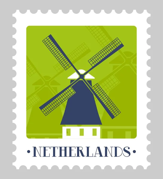 Poststempel Ansichtkaart Met Nederland Rustiek Landschap Oriëntatiepunt Geïsoleerd Velletje Papier — Stockvector