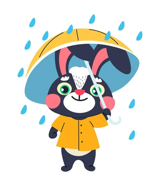雨から保護する傘を保持レインコートを身に着けているバニー文字 銃口に可愛い表情の隔離されたウサギのキャラクター 笑顔と肯定的な表情で共有します 平型ベクトル — ストックベクタ