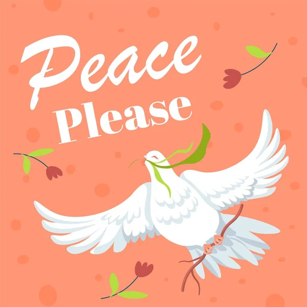 Kérem Nyugalom Banner Kalligráfiai Szöveggel Repülő Fehér Galamb Virágzó Virággal — Stock Vector