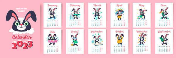 Year of rabbit, calendar for 2023. Months and days on sheet with different bunny personages, cute characters funny hares wearing seasonal clothes and accessories. Vector in flat style illustration