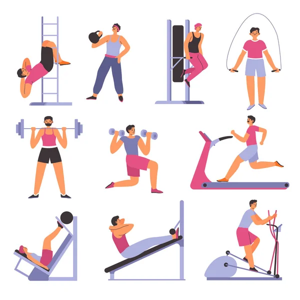 Γυμναστική Ασκήσεις Και Άσκηση Στο Γυμναστήριο Άνθρωποι Που Χρησιμοποιούν Εξοπλισμό — Διανυσματικό Αρχείο
