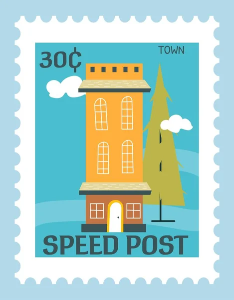 Cachet Postal Carte Avec Architecture Bâtiments Appartement Point Repère Touristique — Image vectorielle