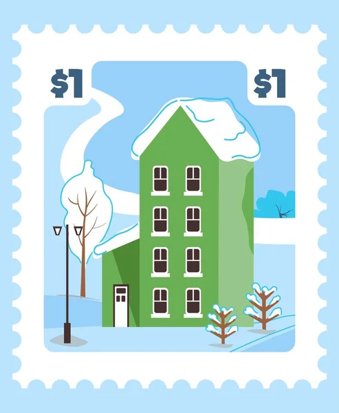 Carimbo Postal Com Prédio Coberto Neve Paisagem Nevada Estação Inverno — Vetor de Stock