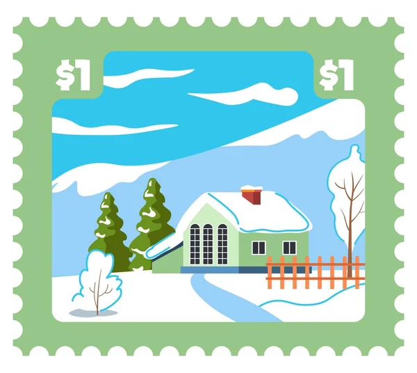 Paysage Enneigé Avec Maison Montagnes Cachet Poste Village Carte Postale — Image vectorielle