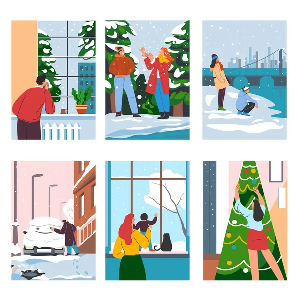 冬季活动和乐趣 人们在户外散步 享受着初雪 看看结冰的湖水 为圣诞节准备公寓 用花环装饰圣诞树 矢量呈扁平型 — 图库矢量图片