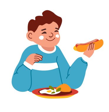 Çocuk okulda öğle yemeği yiyor. Çocuk sosisli sandviç, yeşil otlu omlet ve bir parça ekmek yiyor. Besleyici bir kahvaltı ya da akşam yemeği. İzole edilmiş kişilik, düz biçimli vektör