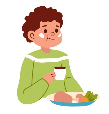 Çocuk sosis ve yeşil salata yaprakları yiyor kahvaltıda ya da öğle yemeğinde ya da akşam yemeğinde çay içiyor. Evde ya da okulda çocukların beslenmesi. İzole edilmiş kişilik, düz biçimli vektör
