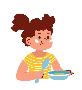 Çocuk kahvaltı yapıyor ya da okulda ya da evde öğle yemeği yiyor. Küçük çocuk akşam yemeği, çorba ya da et suyu yiyor. Çocuk için dengeli ve besleyici malzemeler. İzole edilmiş kişilik, düz biçim illüstrasyonunda vektör