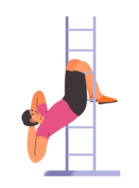 Spor egzersizleri, antrenmanlar, merdivende mekik çeken yalıtılmış erkek karakter. Adam spor yapıyor ve spor yapıyor. Vücudunu güçlendiriyor ve karın kaslarını geliştiriyor. Düz biçimli vektör