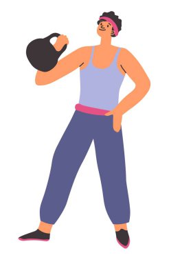 Spor aletleri ile izole bir erkek karakter olan ağırlık kaldıran bir adam. Spor salonu ve hobi, vücut geliştirme ve güçlendirme, kollarda kas geliştirme. Düz biçimli vektör