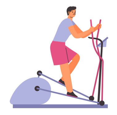 Spor salonunda spor yapan erkek karakter, spor salonunda bisiklet makinesinde izole edilmiş adam. Bacak kaslarını ve ayak bileklerini güçlendirmek, kardiyo egzersizleri ve atlet eğitimi. Düz biçim illüstrasyonunda vektör