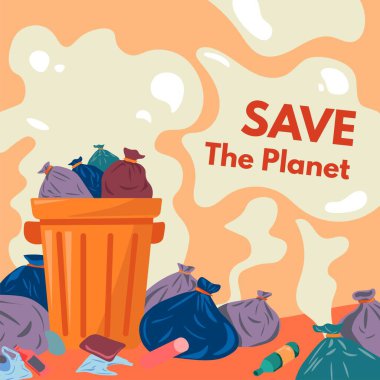 Kirliliği durdurun ve gezegeni, ekolojik ve çevresel farkındalığı kurtarın. Çöp ve çöp dolu çöp, plastik torbalar ve geri dönüşüme elverişsiz cam şişeler. Koku ve koku. Düz biçimli vektör