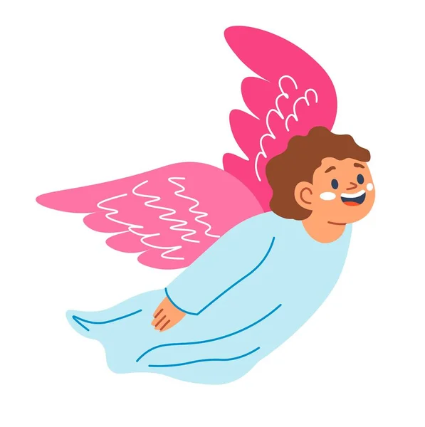 Ángel Con Alas Volando Cielo Personaje Alegre Bata Niño Vistiendo — Vector de stock