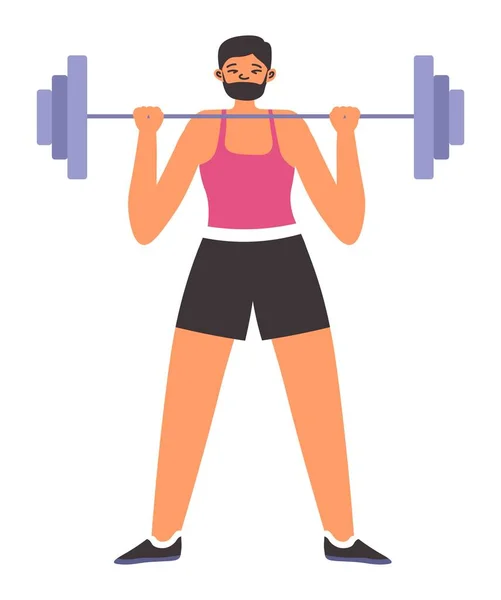 ジムでバーベルを持つ重量挙げの男 孤立した男性キャラクターは練習を行い 動作します 体を強化し 筋肉のボディビルダーのトレーニングを成長させるスポーティな男 平型ベクトル — ストックベクタ