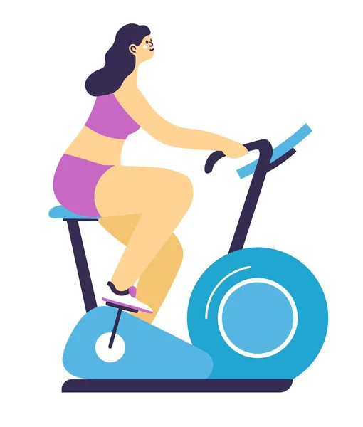 Sport Gyakorlatok Elszigetelt Női Karakter Edz Tornateremben Biciklivel Edző Lány — Stock Vector