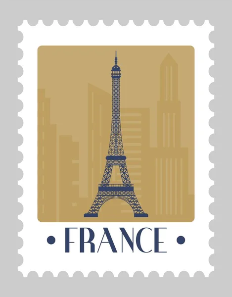 Poststempel Met Franse Eiffeltoren Bezienswaardigheden Beroemde Bezienswaardigheden Van Frankrijk Bouw — Stockvector