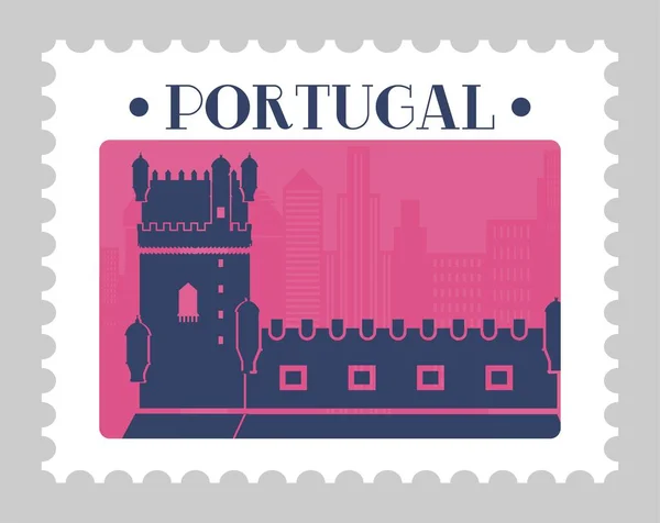 葡萄牙的地标和名胜 孤立的邮戳或带有葡萄牙名胜的明信片 城堡或堡垒景观建筑 邮戳或卡片 邮票与信件 矢量呈扁平型 — 图库矢量图片