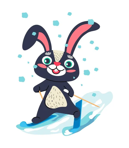 캐릭터는 겨울에 경사지에서 물갈퀴 스키를 웃는다 계절적 옥외에서는 토끼를 놀리며 — 스톡 벡터