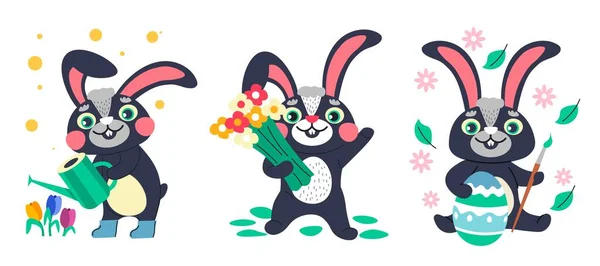 春に花を咲かせ 花に植物の花束を与え 装飾品や色で卵を描きます 可愛いウサギかウサギ 2023年の漫画のキャラクターシンボル フラットベクトル — ストックベクタ