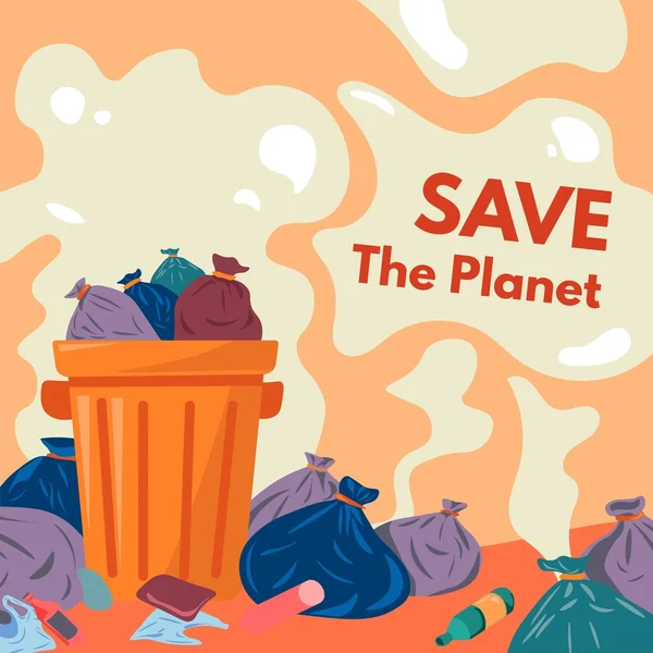 停止污染 拯救地球 生态和环境意识 塑料袋和玻璃瓶的垃圾填埋场不能回收利用 气味和气味 矢量呈扁平型 — 图库矢量图片
