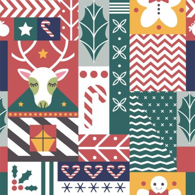 Noel ve yeni yıl kutlaması, geyik ve yıldızlar. Şeker lolipop şekeri ve ökseotu. Çam ağacı ve kızıl adam karakteri. Kusursuz desen, duvar kağıdı ya da arka plan izi. Düz biçimli vektör