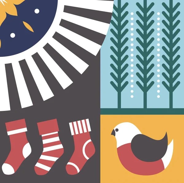 Natale Capodanno Auguri Vacanze Invernali Bullfinch Uccello Orologio Rami Pino — Vettoriale Stock