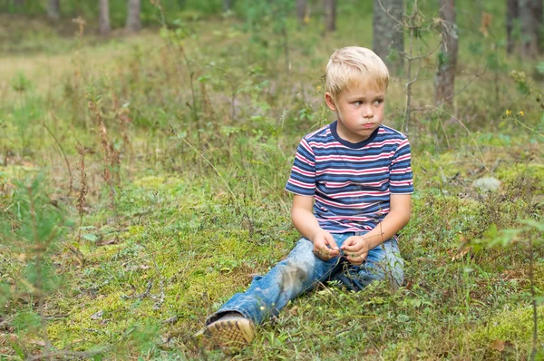 The boy in the woods sitting on moss. — Stock Photo, Image