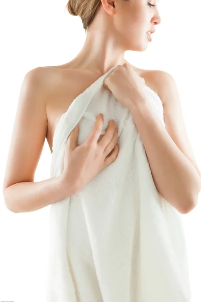 Young nude woman with towel on white — Stock Photo, Image