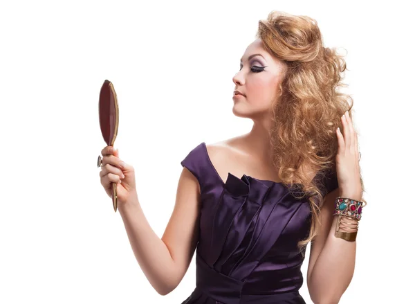 Glamour portrait of blond woman with mirror — Stock Photo, Image