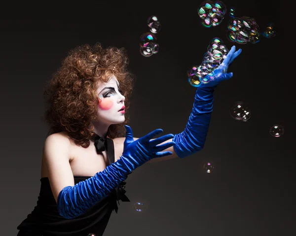 Woman mime with soap bubbles. — Stock Photo, Image