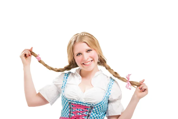 Bavarian woman in dirndl, holding blank signboard. — Stock Photo, Image