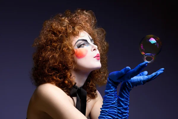 Woman mime with soap bubbles. — Stock Photo, Image