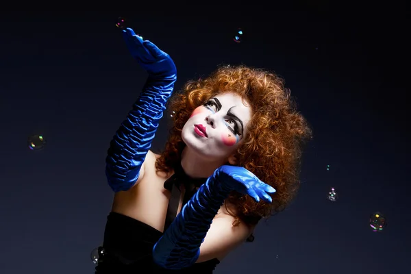 Woman mime with soap bubbles. — Stock Photo, Image