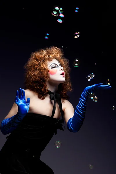 Woman mime with soap bubbles. — Stock Photo, Image