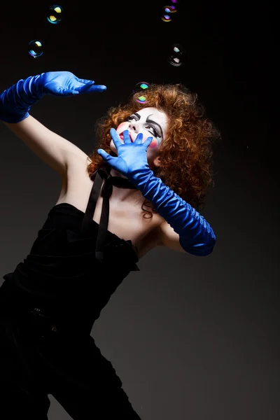 Woman mime with soap bubbles. — Stock Photo, Image