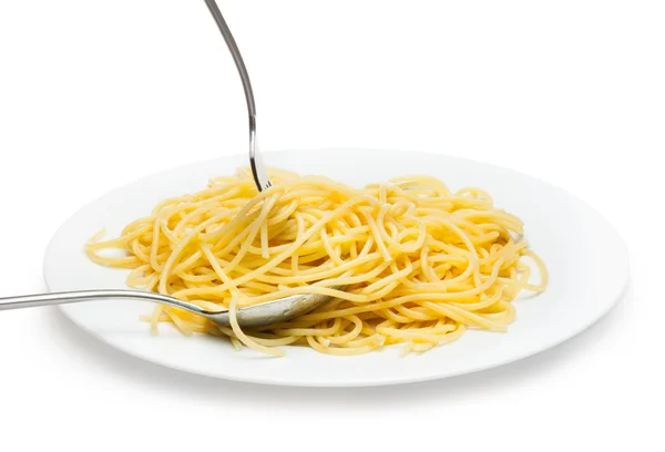Italské špagety vařené v bílé desky — Stock fotografie