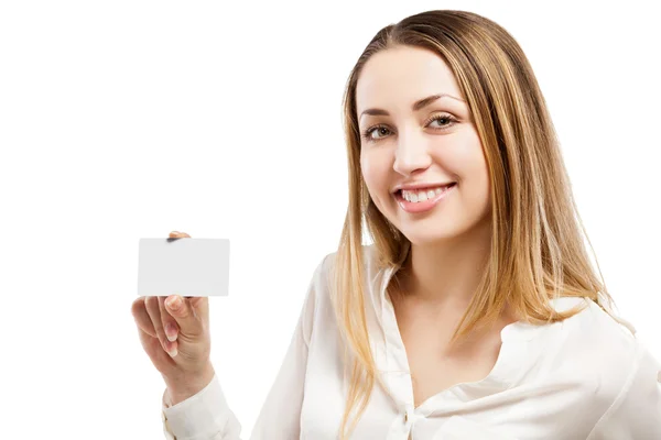 Young woman holding blank signboard. — Stock Photo, Image