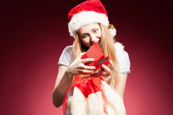 Christmas woman with gifts box — Stock Photo, Image