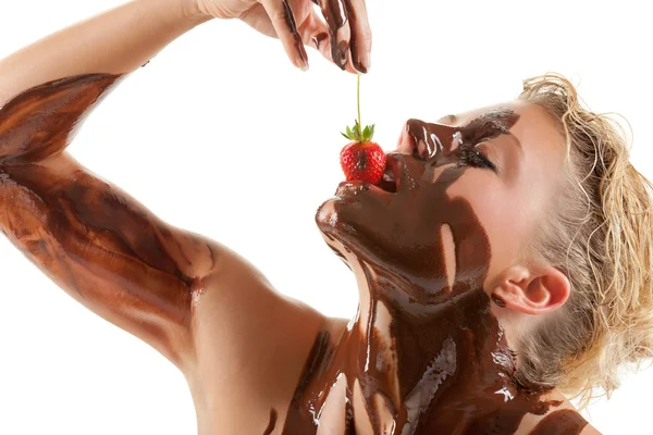 Naked woman covered sweet cream chocolate — Stock Photo, Image