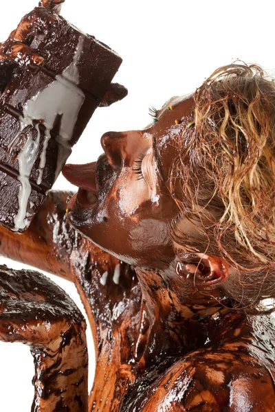 Naked woman covered sweet cream chocolate — Stock Photo, Image