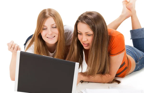 Two young happy student girl work on laptop — Stock Photo, Image