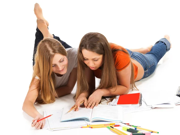 Zwei junge glückliche Studentinnen arbeiten am Laptop — Stockfoto