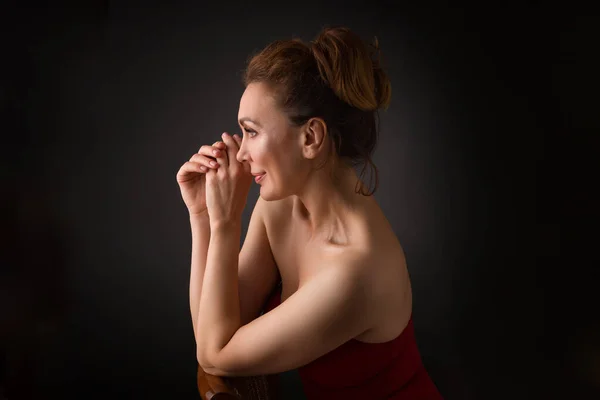 Classical Headshot Portrait Sensual Fifty Year Old Woman Grey Studio — Stock Photo, Image