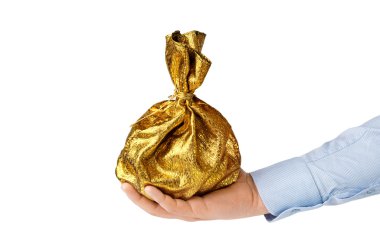 Beyaz izole bir çanta elini tutar