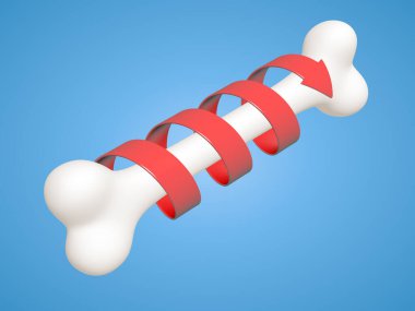 Mavi arka planda kırmızı spiral okla insan kemiğinin iyileşmesi. 3B illüstrasyon.