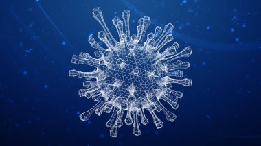 Tarama sırasında siber uzayda mavi soyut arkaplanda 3 boyutlu ağ olarak virüs saptanır. 3B Görüntü.