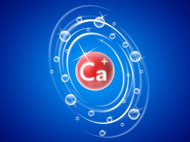 Mavi arka planda kalsiyum simgeleri. 3B illüstrasyon.